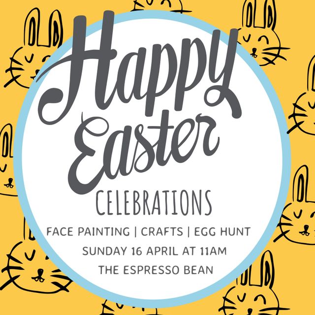 Bright and festive design featuring 'Happy Easter' text overlaid on illustration of smiling bunnies, promoting various event activities such as face painting, crafts, and egg hunt. The modern font and playful design create an inviting and cheerful vibe, ideal for promoting Easter events, parties, and family gatherings. Perfect for social media posts, printed flyers, and community boards to attract participants and spread holiday joy.