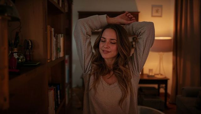 Woman stretching in cozy living room at night with warm lamp light and bookshelf ambience