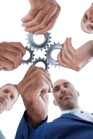 Diverse individuals holding gears on transparent background