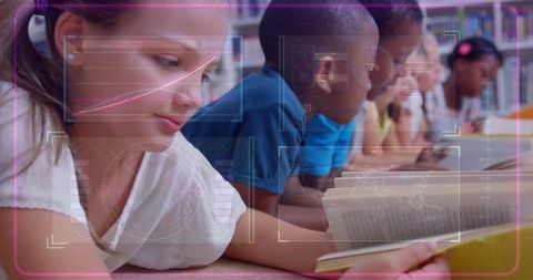 Children reading on library rug with pink HUD overlay showing tech-enhanced learning