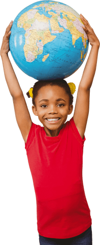 Smiling schoolgirl holding globe on transparent background