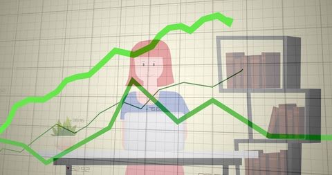 Red-haired woman typing on laptop with green data visualization overlay in home office