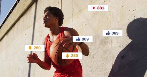 African American Man Playing Basketball with Social Media Icons