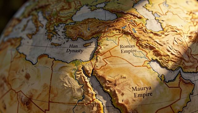Raised-relief globe highlighting roman, han, maurya empires with dramatic lighting