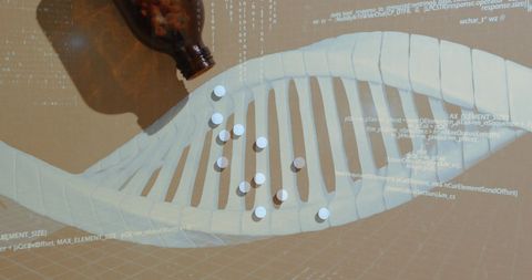 abstract representation of a dna strand overlaid with data codes and pill imagery. useful for illustrating concepts in biotechnology, genomic research, pharmaceutical advancements, and integration of technology with medical sciences. highlights complex relationship between medicine and digital analytics.