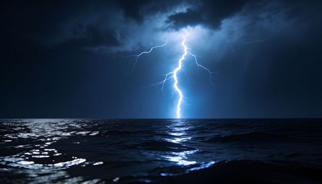 Forked lightning striking open ocean at night reflecting blue light across waves