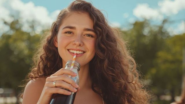 Joyful woman relaxing in park, enjoying refreshing drink