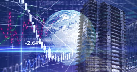 Digital Financial Data with Globe Overlooking Urban Architecture