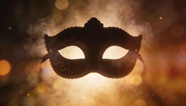 Glowing ornate masquerade mask backlit with golden bokeh and smoky halo