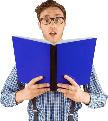 Surprised Geeky Businessman Holding Blue Book with Transparent Background - Download Free Stock Videos Pikwizard.com