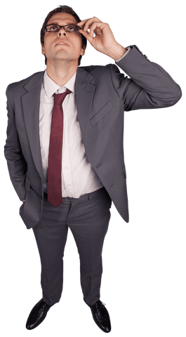 Transparent Businessman Typically Holding Glasses and Pondering Thoughtfully