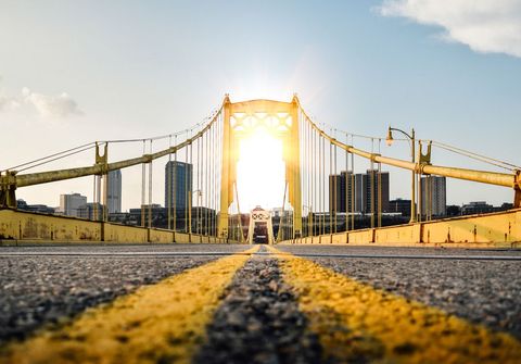 Glowing Sunset Behind Steel Suspension Bridge