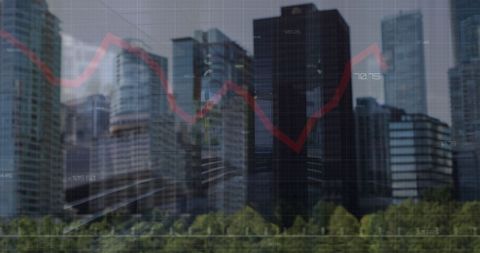 Business Growth Chart Over Cityscape with Financial Data Hologram