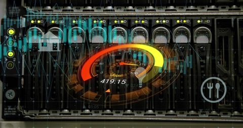 Digital data processing front overlay with speedometer visualization