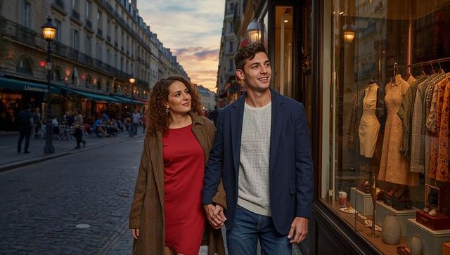 Romantic couple walking cobblestone street at dusk with boutique window display and warm sunset glow