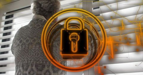 Senior woman adjusting blinds with digital padlock overlay representing home privacy