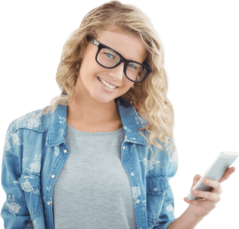 Smiling Woman with Glasses Holding Smartphone on Transparent Background