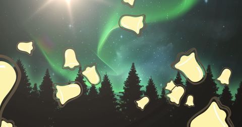 Christmas Bells Falling Under Northern Lights in Forest