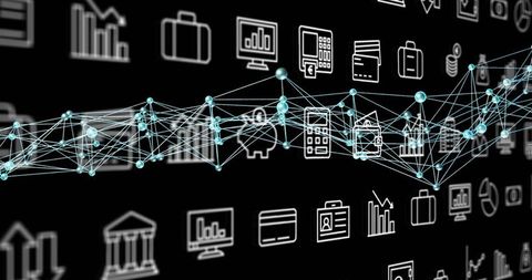 Floating turquoise data network connecting financial icons with glowing nodes and mesh