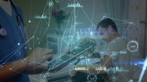 Doctor Using Tablet with Futuristic Medical Data Graphics