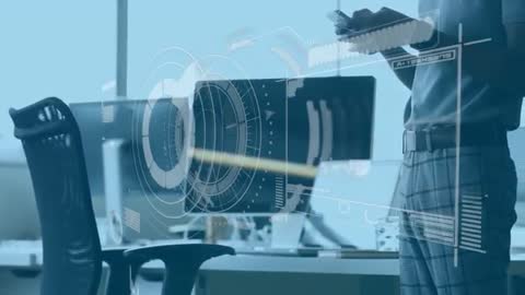 Futuristic Interface with Person Using Smartphone in Office