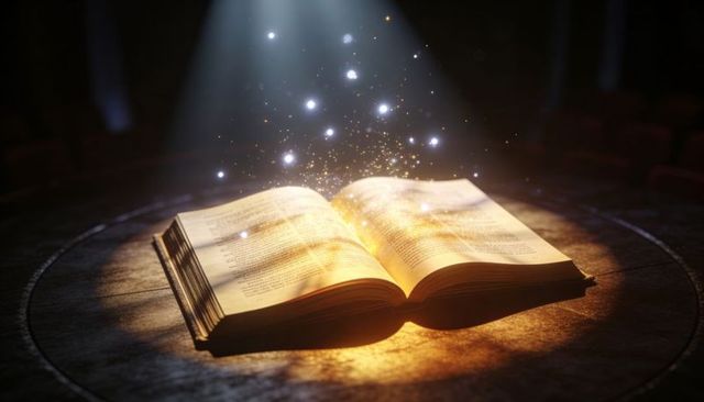 Glowing open tome emitting golden light and floating orbs on rustic wooden table
