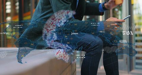 Business professional using smartphone and coffee with global holographic network overlay