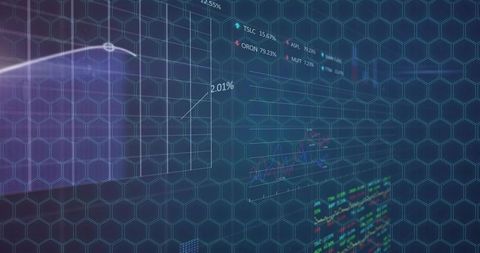 Displaying holographic hexagon dashboard with neon line charts and red green ticker panels