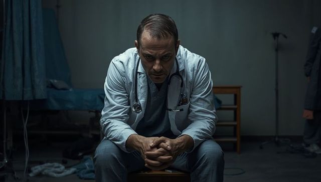 Middle-Aged Doctor Deep in Thought in Dimly Lit Clinic Room