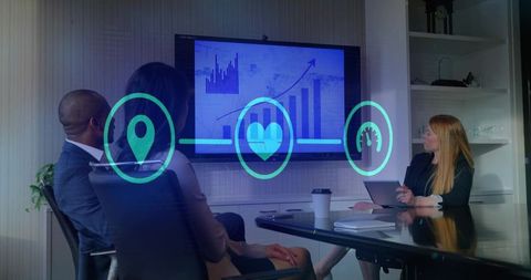 Executives Analyzing Data with Digital Overlays in Modern Meeting