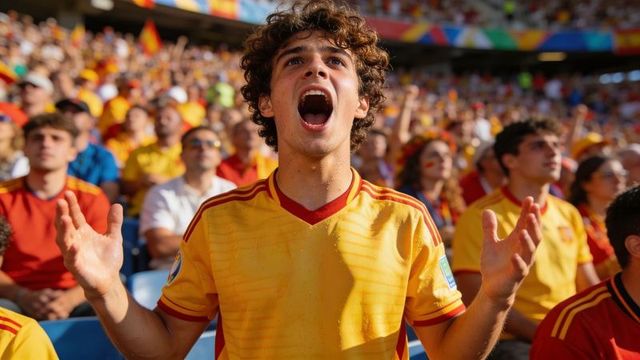 Young male football fan cheering loudly, raising arms in vibrant sunlit stadium crowd