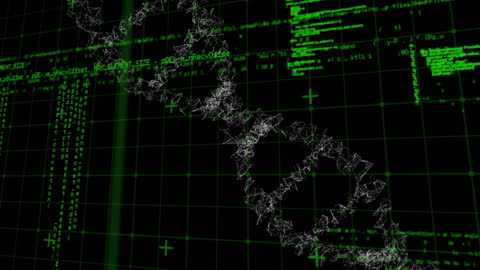 3D DNA Strand with Digital Data Code Background