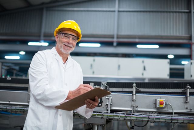 This image shows a senior factory engineer smiling while maintaining records on a clipboard in a production plant. He is wearing a safety helmet and a white coat, indicating adherence to safety protocols. The background features industrial machinery and a production line, suggesting a manufacturing environment. This image can be used for themes related to industrial work, quality control, workplace safety, engineering, and professional environments.
