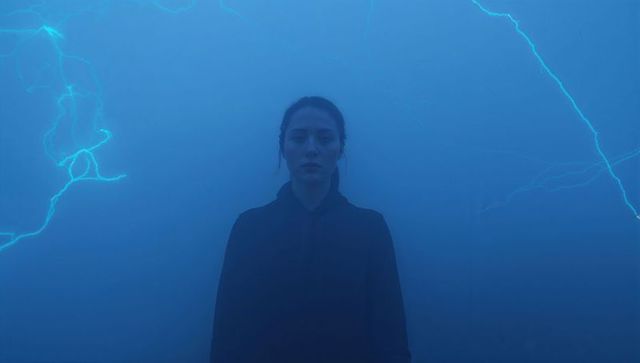 Standing Woman in Deep Blue Fog with Cyan Lightning, Moody Silhouette Portrait, Cinematic