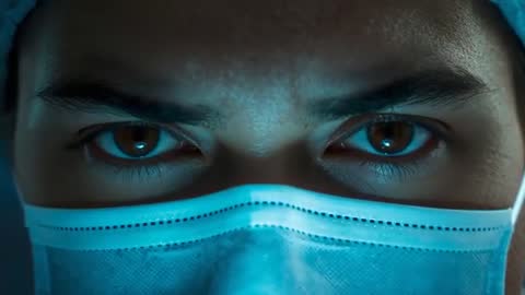 Surgeon holding steady gaze before operation, close-up video of masked eyes in OR