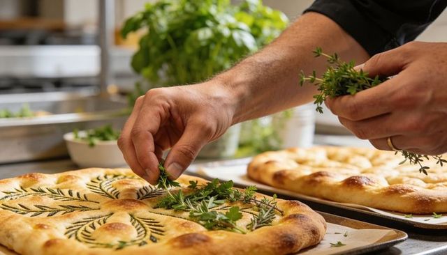 Chef arranging fresh rosemary and thyme on artisanal focaccia bread in bakery kitchen