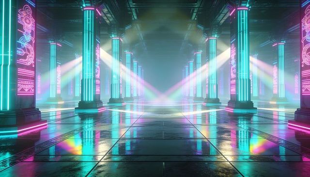 Cyberpunk neon hallway glowing with holographic columns and reflective wet marble floor