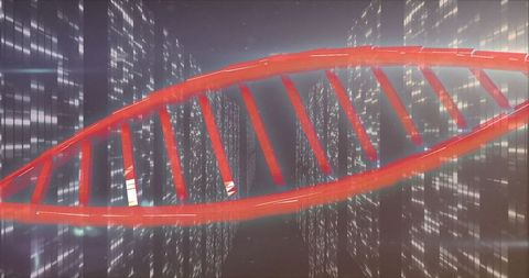 Glowing DNA Helix in Futuristic Cityscape at Night