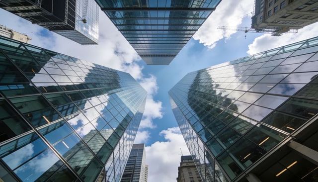 Reflecting twin glass towers reaching skyward in urban canyon with dramatic perspective
