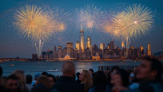 Fireworks lighting new york city skyline over hudson river while crowd watching waterfront