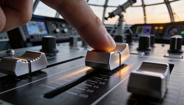 Pressing finger sliding motorized fader on audio mixing console with ambient led glow