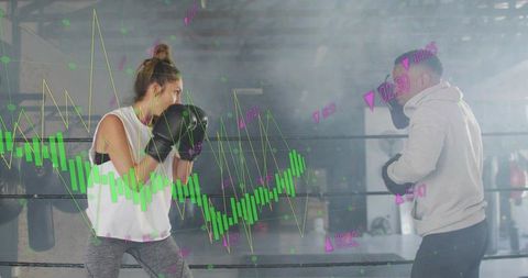 Male and female sparring in boxing ring merging fitness training with financial overlay
