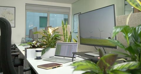 Modern Office Desk with Green Touches and Technology Accessibility