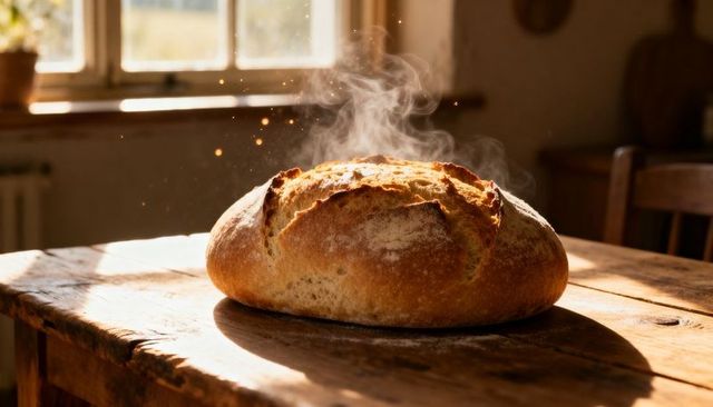 Steaming artisan sourdough loaf resting on rustic wooden table in sunlit kitchen