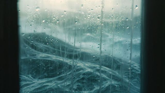 Stormy Ocean View Through Rain-Drenched Ship Window