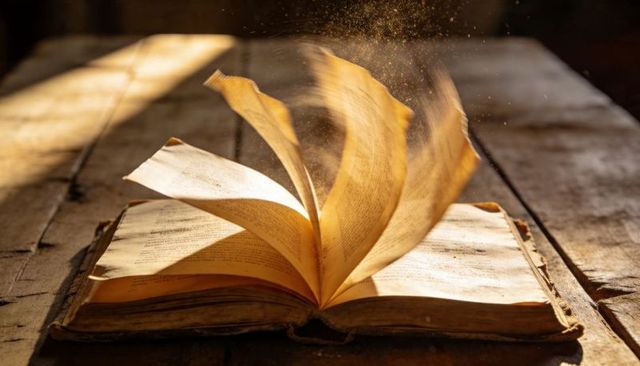 Sunlit antique book with flipping pages revealing dust motes on rustic wooden table
