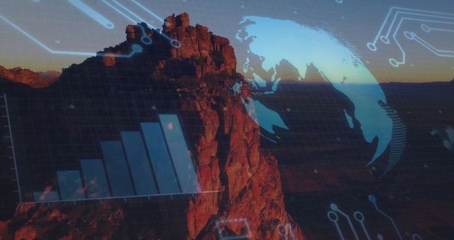 Futuristic globe and data overlay on rocky canyonscape at dusk