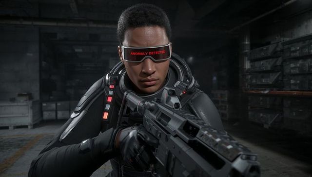 Armored trooper aiming assault rifle, visor displaying anomaly detected, futuristic