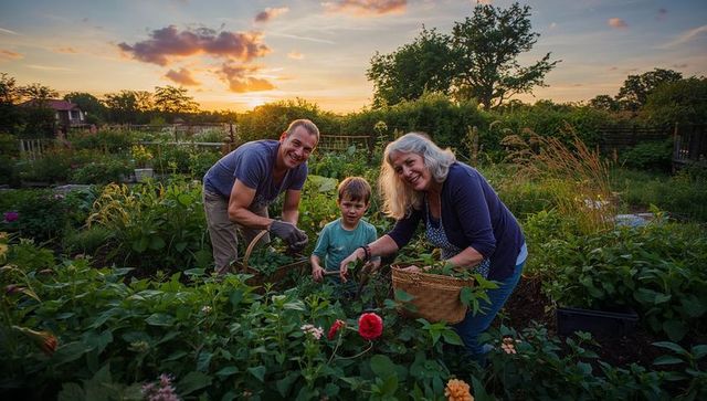 Multigenerational family harvesting vegetables and flowers in sunset backyard garden