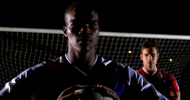 Confident Soccer Player Holding Ball with Teammate, Night Game - Download Free Stock Images Pikwizard.com